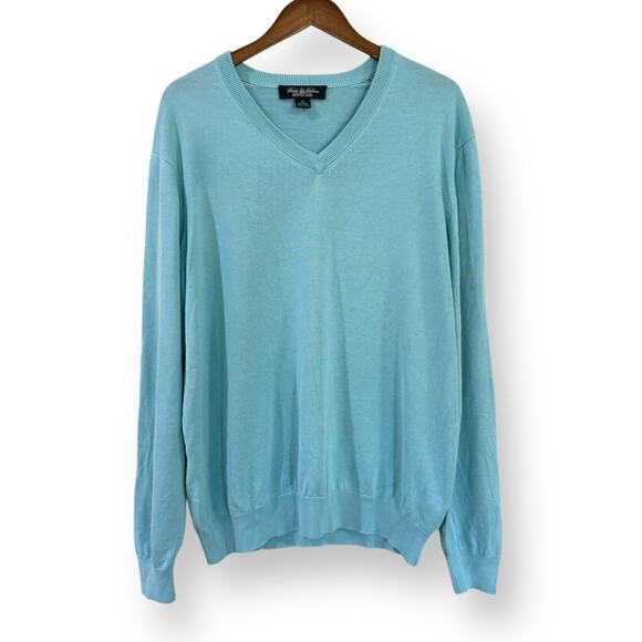 Brooks Brothers Sweater Mens XL Aqua Blue Silk Cotton Blend V-Neck Country Club - Picture 1 of 8